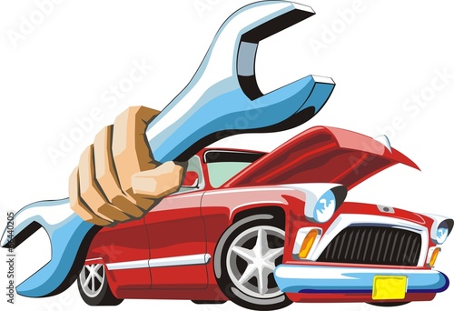 old cartoon car keep wrench in hand
