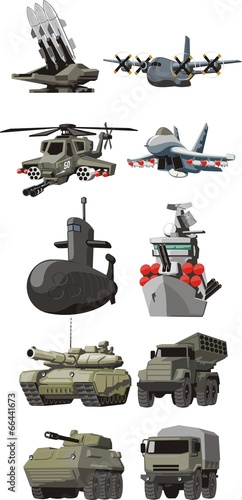 set of the military combat vehicle plane and boats