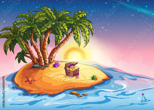 Illustration island with palm trees and a treasure chest