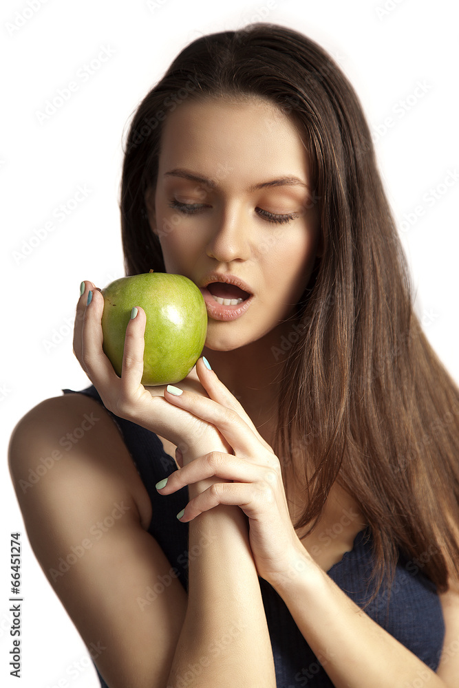 Smiling woman with apple on white Smiling woman with apple on white