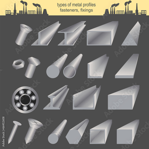 Set of metallurgy icons, metal working tools; steel profiles for