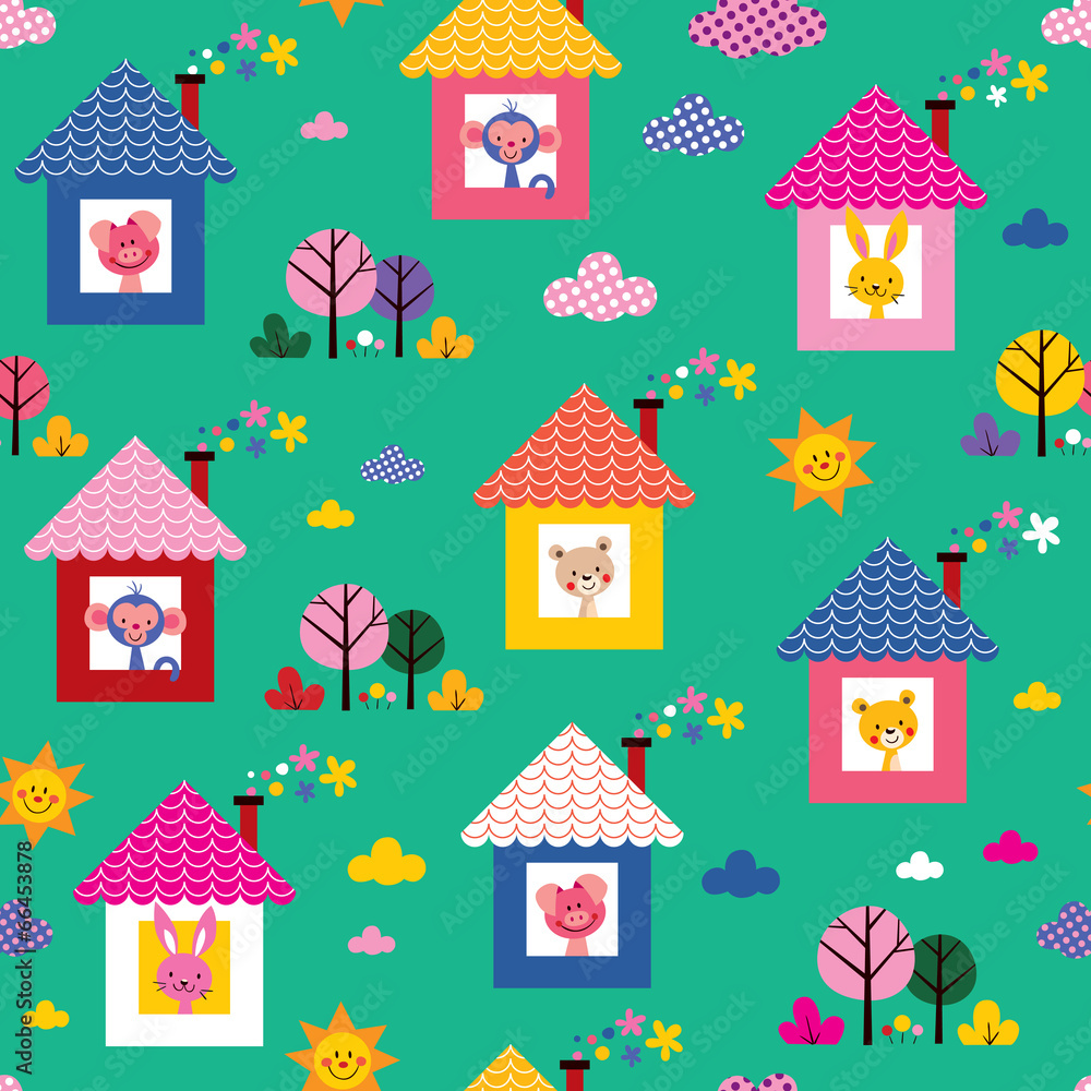 baby animals in houses kids pattern