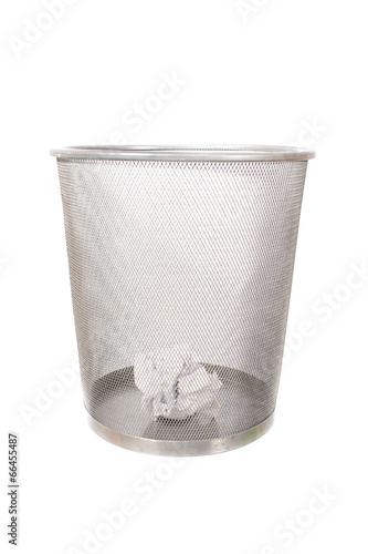 metal basket with crumple paper isolated on whte