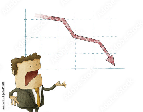 Businessman  and declining chart over isolated background