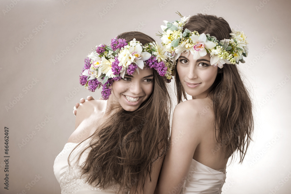 Naklejka premium Two beautiful spring fairy , funny, friendship symbol