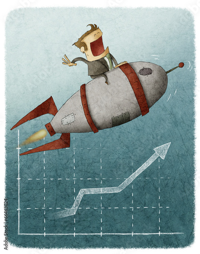 Businessman sitting on a rocket and flying over a finance graph
