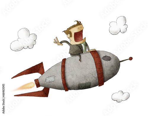 man on a rocket  flying through the air over isolated background