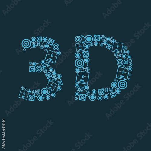 Vector blue 3d printer text icon on the dark background