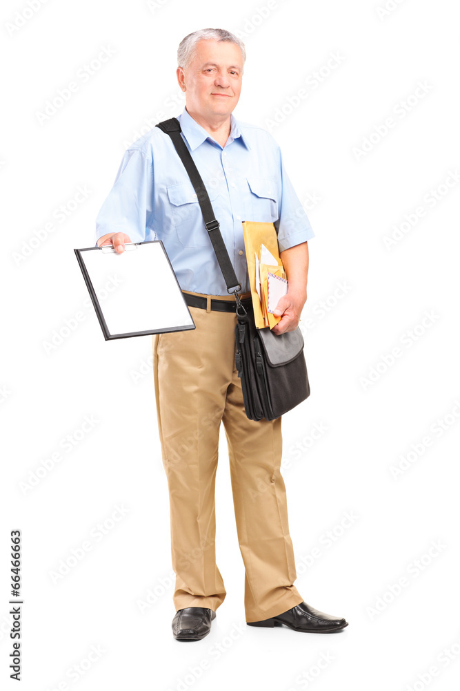 Mailman holding clipboard and bunch of envelopes Mailman holding clipboard and bunch of envelopes