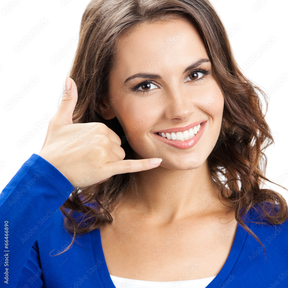 Beautiful woman showing call me gesture, isolated Beautiful woman showing call me gesture, isolated