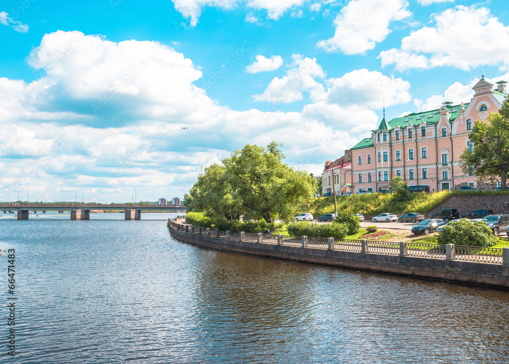 Bridge and embankment of  ancient city of Vyborg