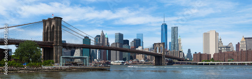 Panoramic view of lower Manhattan and Brooklyn bridge in New Yor