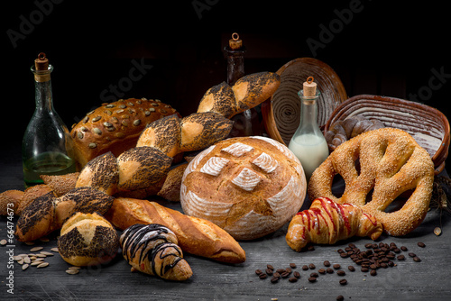 Composition of breads, croissants and rolls photo