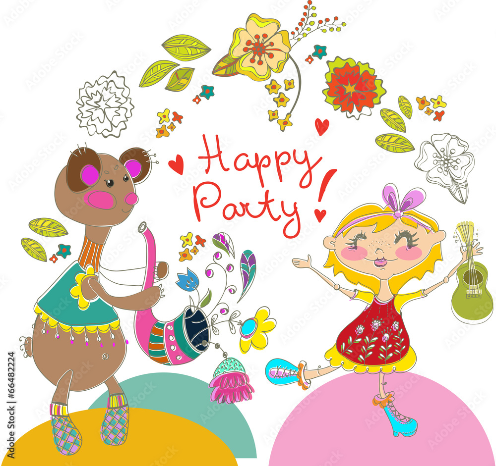 Fototapeta premium Cartoon color party with bear and girl