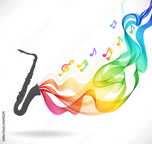 Dark gray saxophone icon with color abstract wave