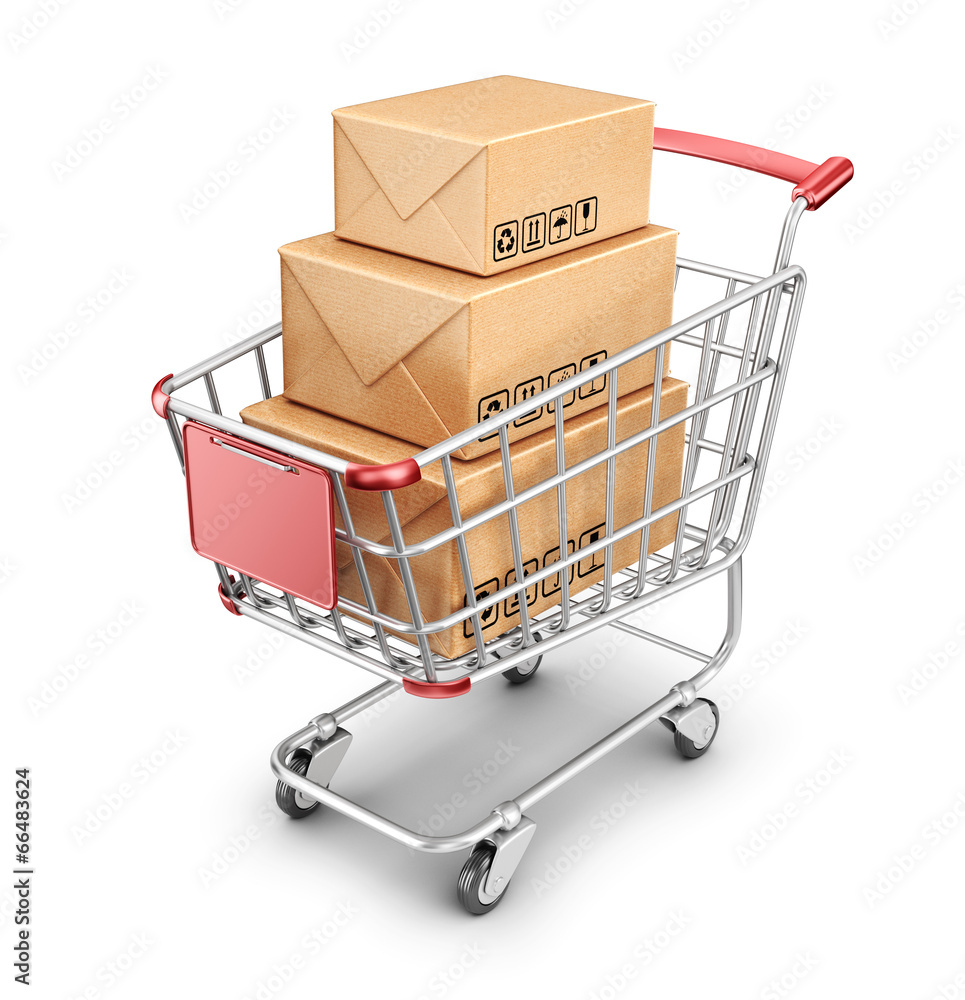 Market shopping cart with cardboard box. 3D Icon isolated