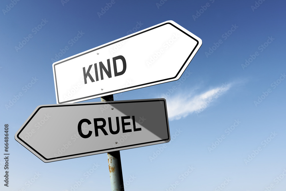 Kind and Cruel directions. Opposite traffic sign. Kind and Cruel directions. Opposite traffic sign.
