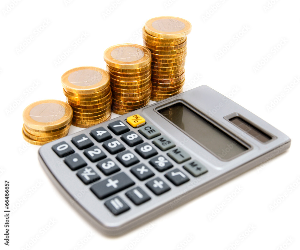 Coins and the calculator. On a white background. Coins and the calculator. On a white background.