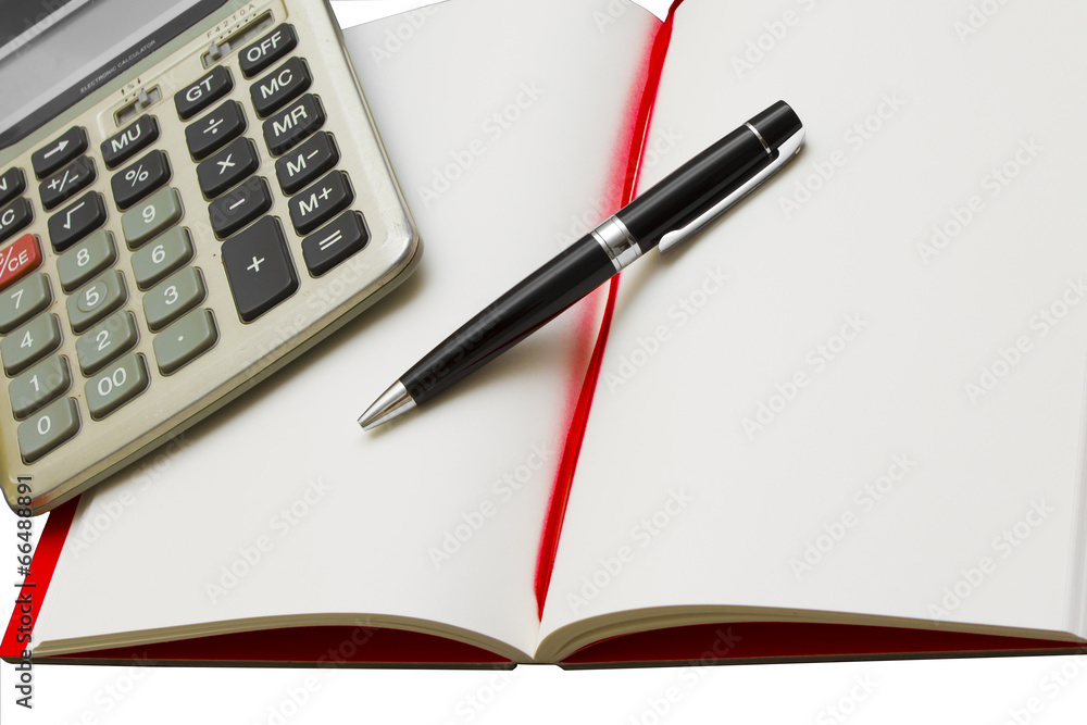 Calculator and pen on blank notebook. Shot on white background Calculator and pen on blank notebook. Shot on white background