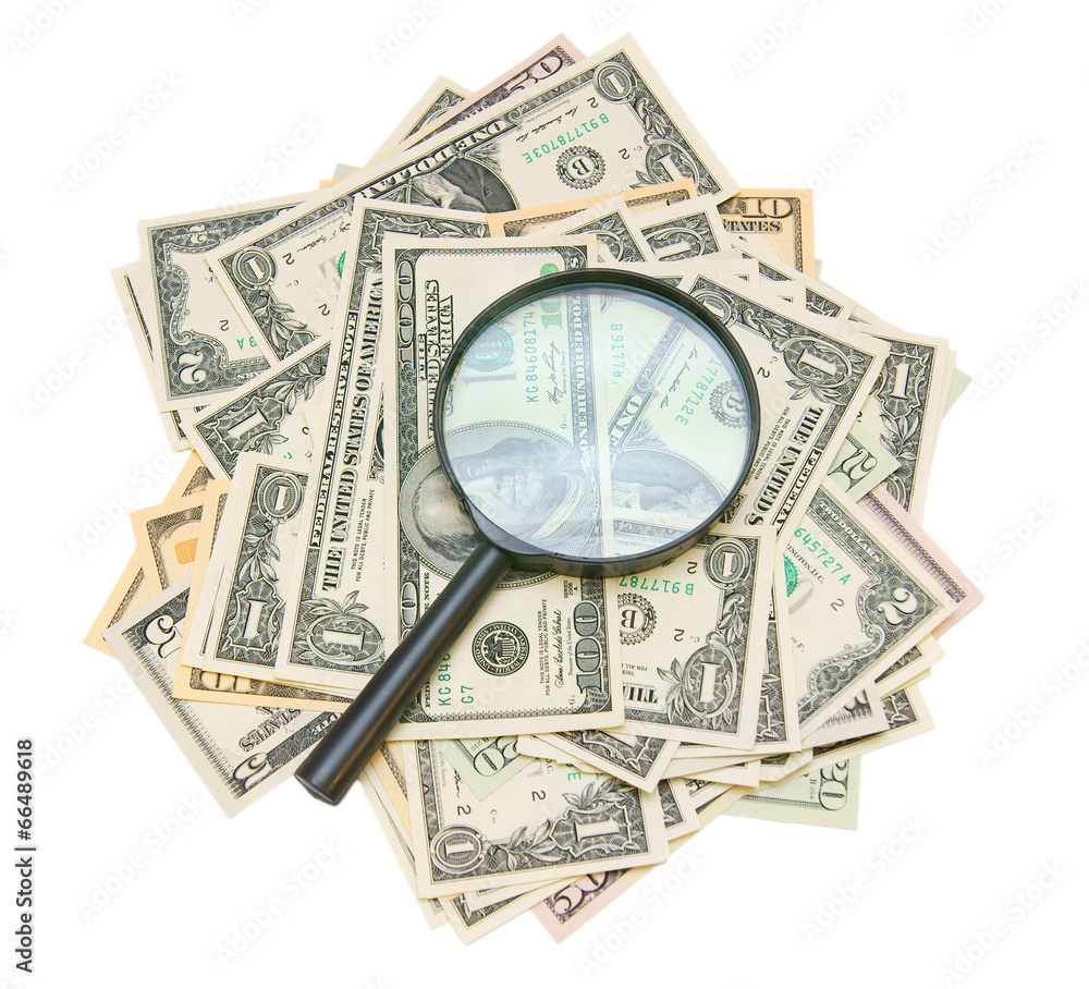 Magnifiers and dollars. On a white background. Magnifiers and dollars. On a white background.