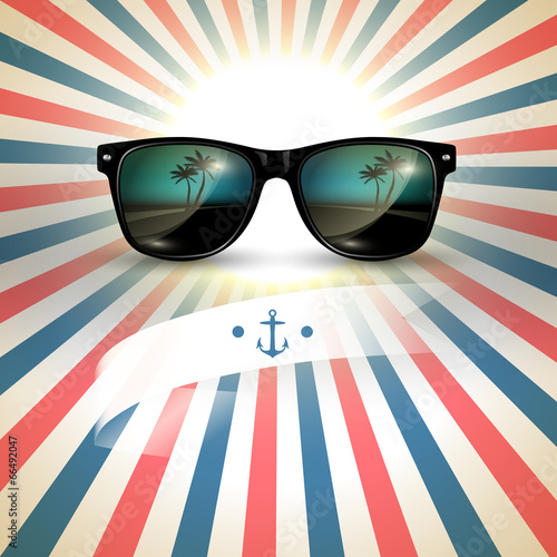 Vector sunglasses with tropical island reflection in the lens