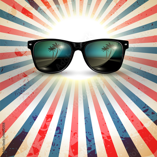 Vector sunglasses with tropical island reflection in the lens