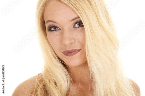 woman blond close head tilted smile