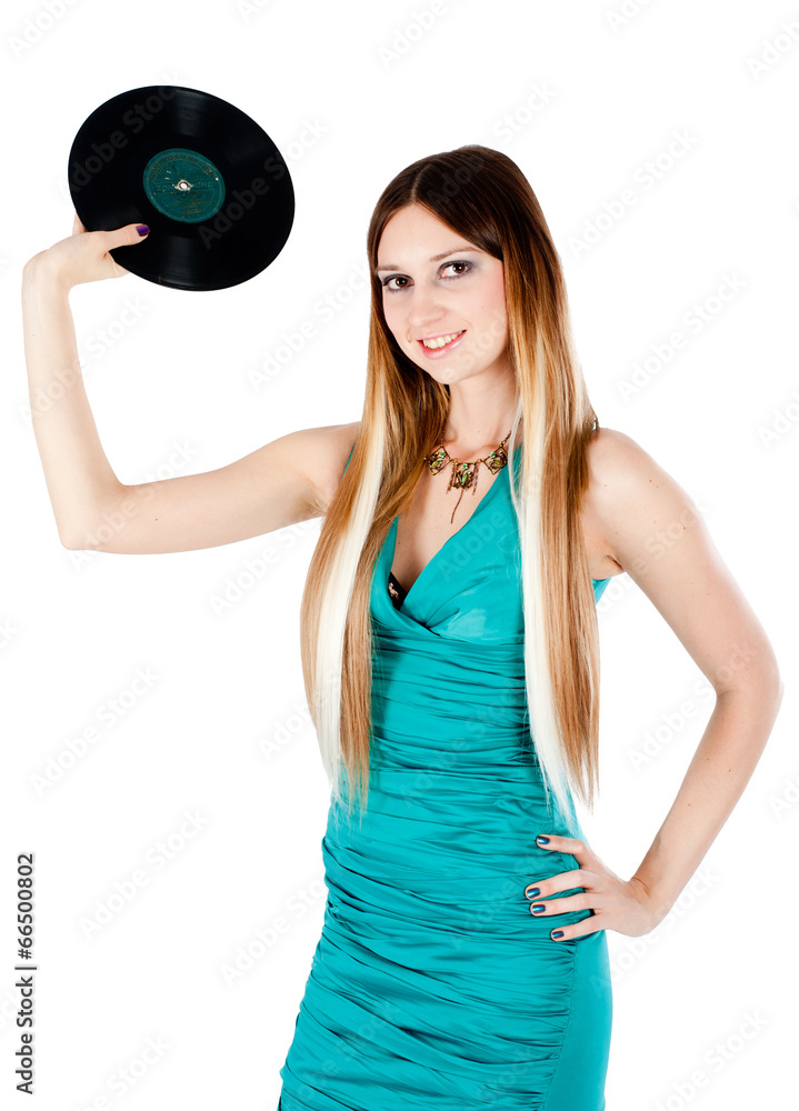 Pretty girl holding vinyl disc