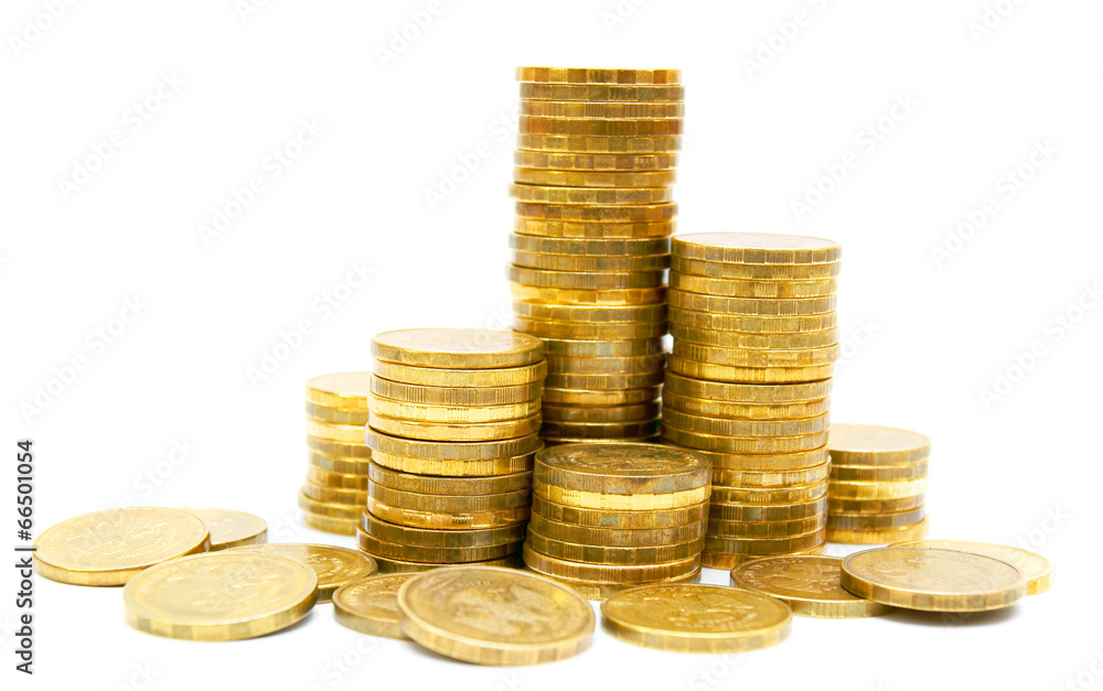 Gold coins on a white background. Gold coins on a white background.