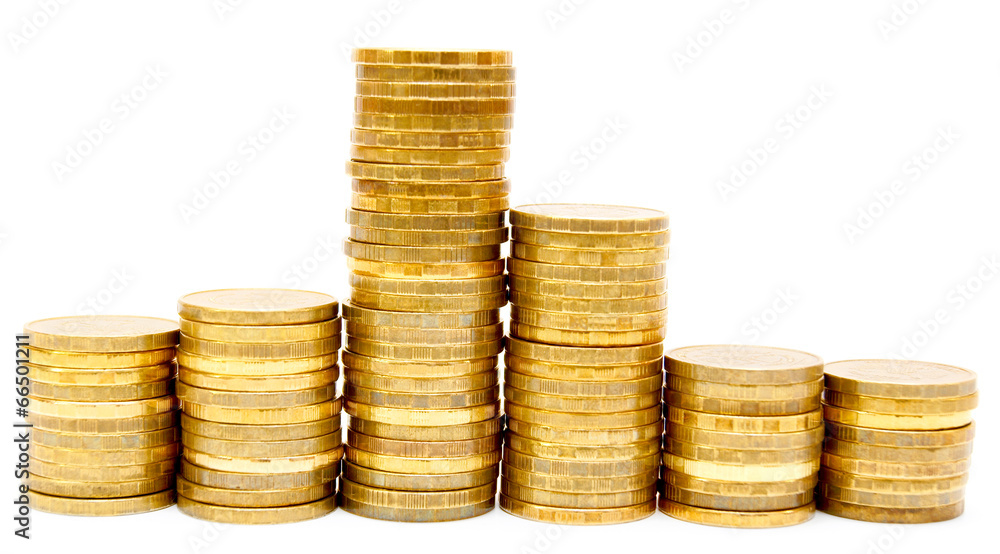 Gold coins on a white background. Gold coins on a white background.
