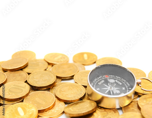 Gold coins and compass.