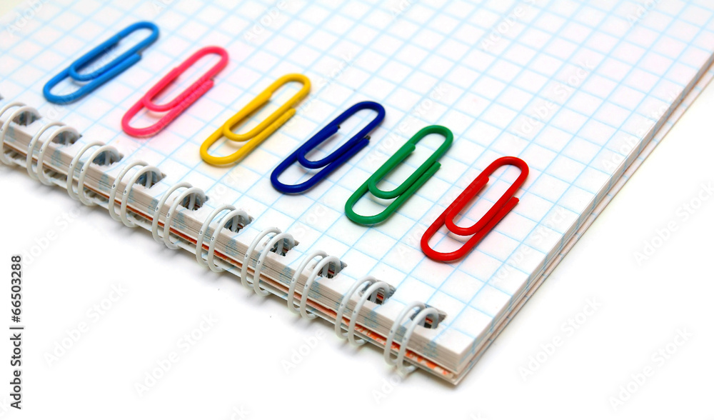 Notebook and multi-coloured paper clips. Notebook and multi-coloured paper clips.