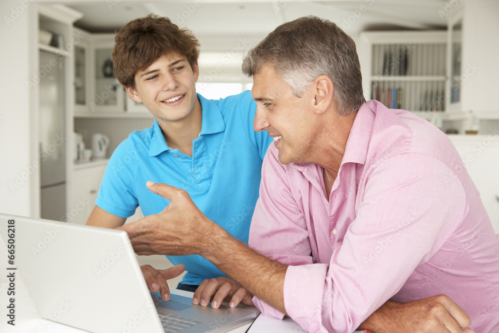 Obraz premium Father and teenage son using laptop