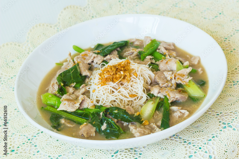 vermicelli noodles topped with pork and kale vermicelli noodles topped with pork and kale