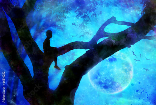 boy in tree at night with moon