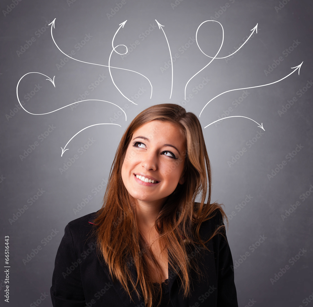 Young girl thinking with arrows overhead Young girl thinking with arrows overhead