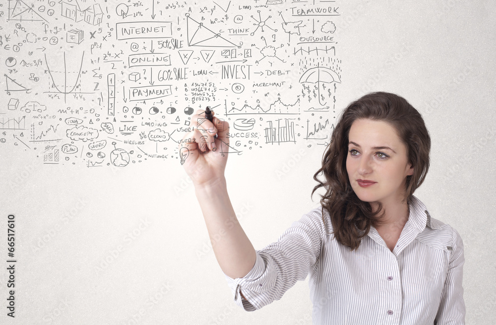 Young woman sketching and calculating thoughts Young woman sketching and calculating thoughts
