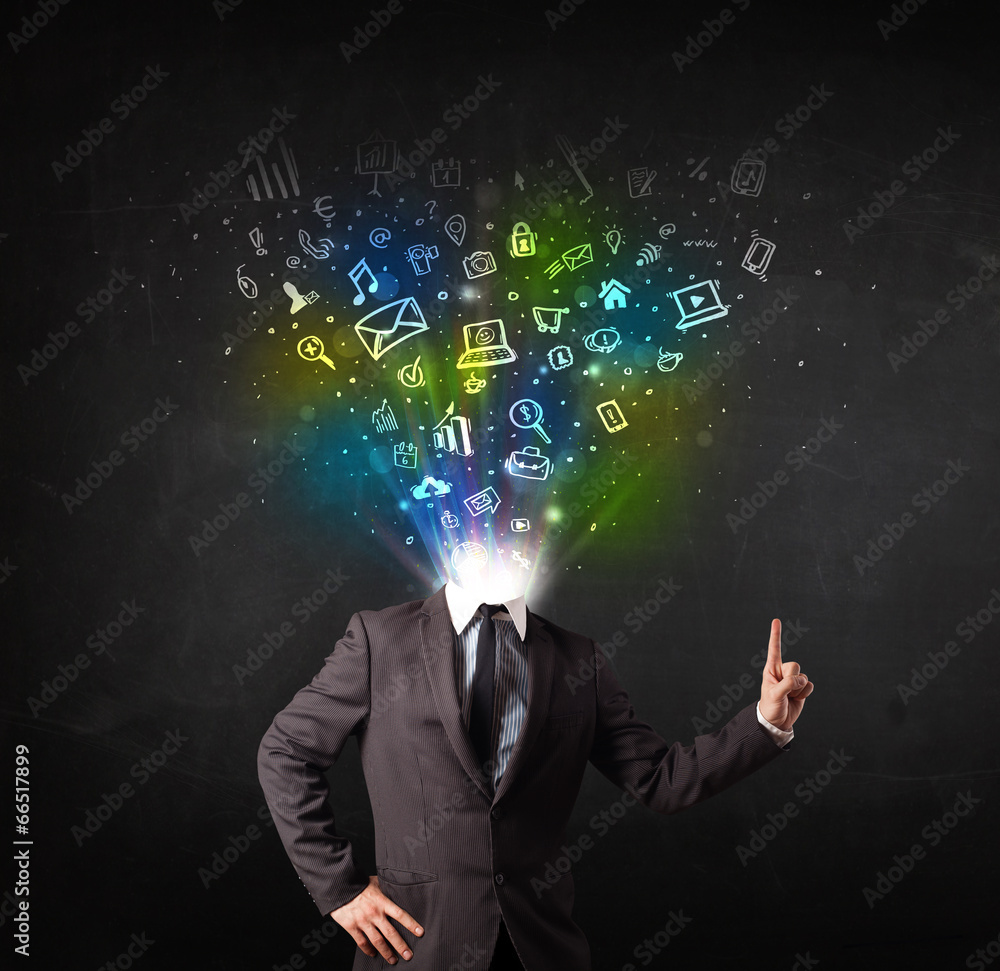 Business man with glowing media icons exploding head Business man with glowing media icons exploding head