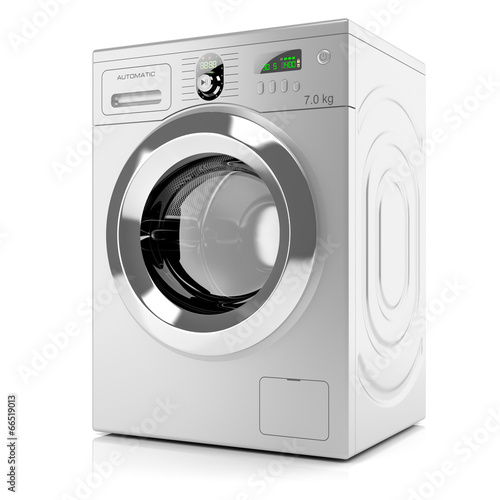 Modern silver washing machine isolated on white background