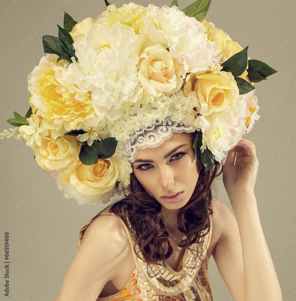 Fashion Beauty Model Girl with Flowers Hair