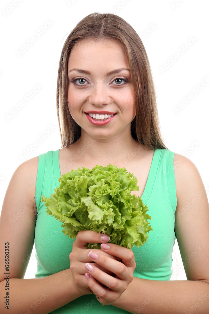 Beautiful girl with fresh lettuce, isolated on white Beautiful girl with fresh lettuce, isolated on white