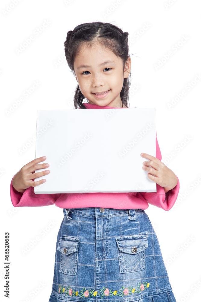 Asian little girl hold a blank sign and smile Asian little girl hold a blank sign and smile