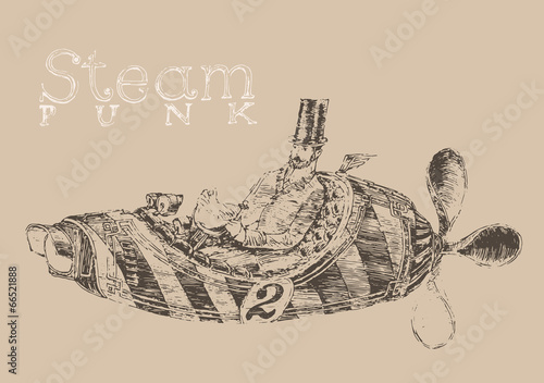 steam punk aircraft (airship) engraving style, hand drawn