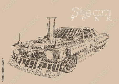 Steam punk car engraving style, hand drawn