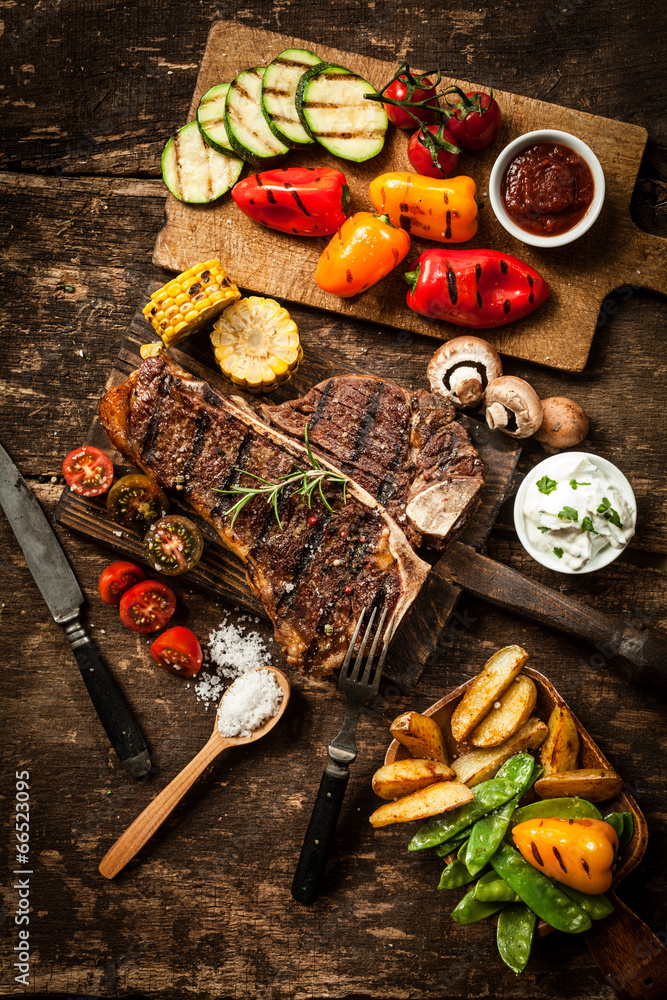 Wholesome spread with t-bone steak and veggies