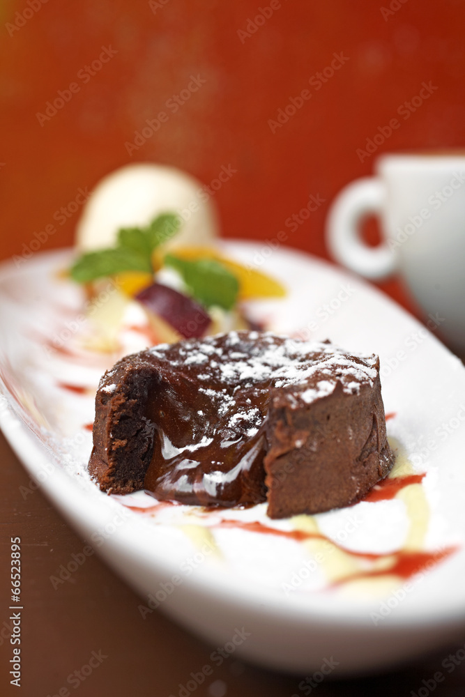 close up chocolate lava cake in natural light close up chocolate lava cake in natural light
