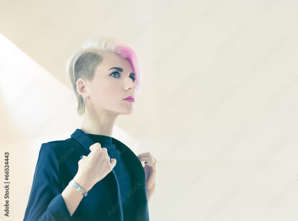 fashion portrait of a girl with stylish haircut fashion portrait of a girl with stylish haircut