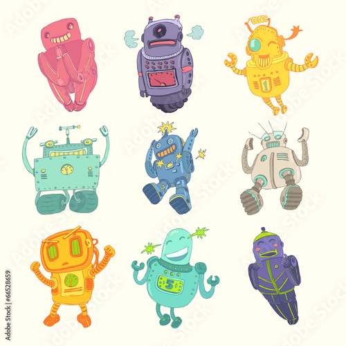 toy robot set, vector illustration, hand drawn