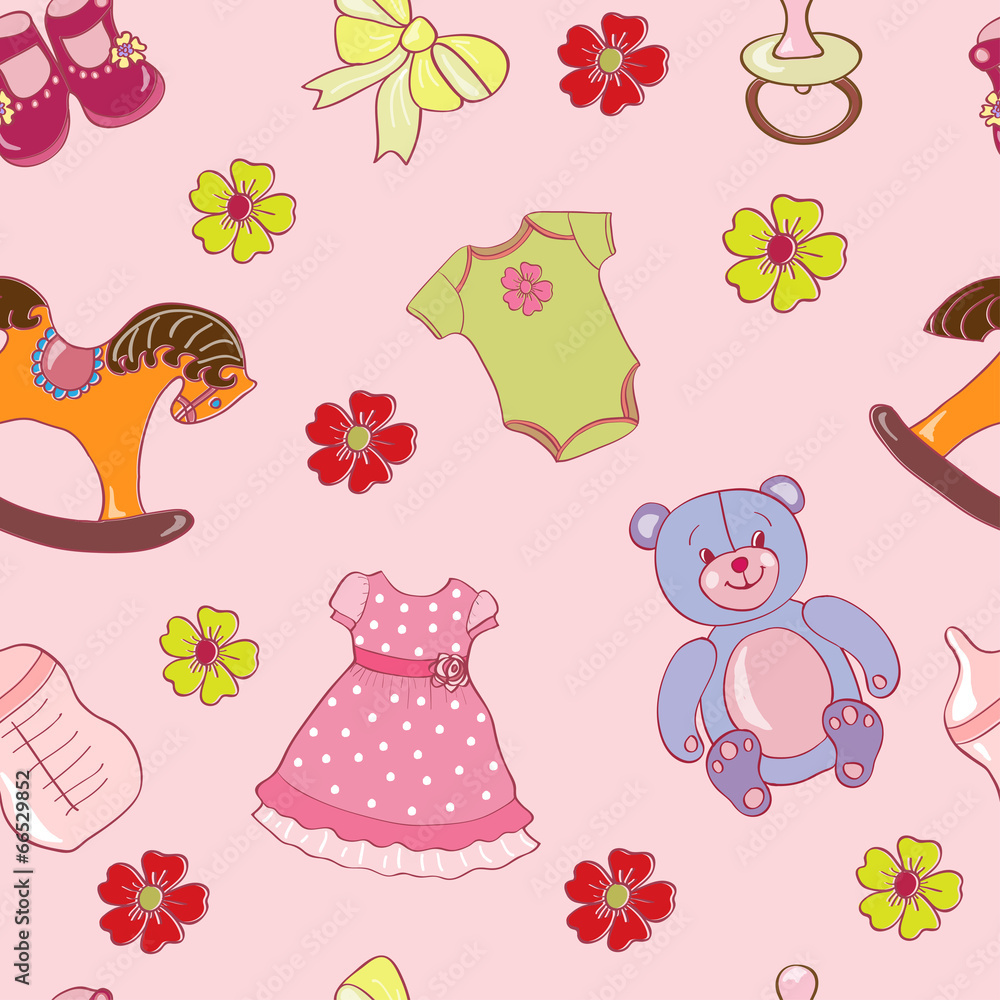 Seamless pattern with baby toys for girls.