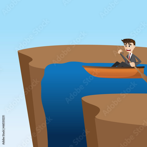 cartoon businessman paddling on waterfall